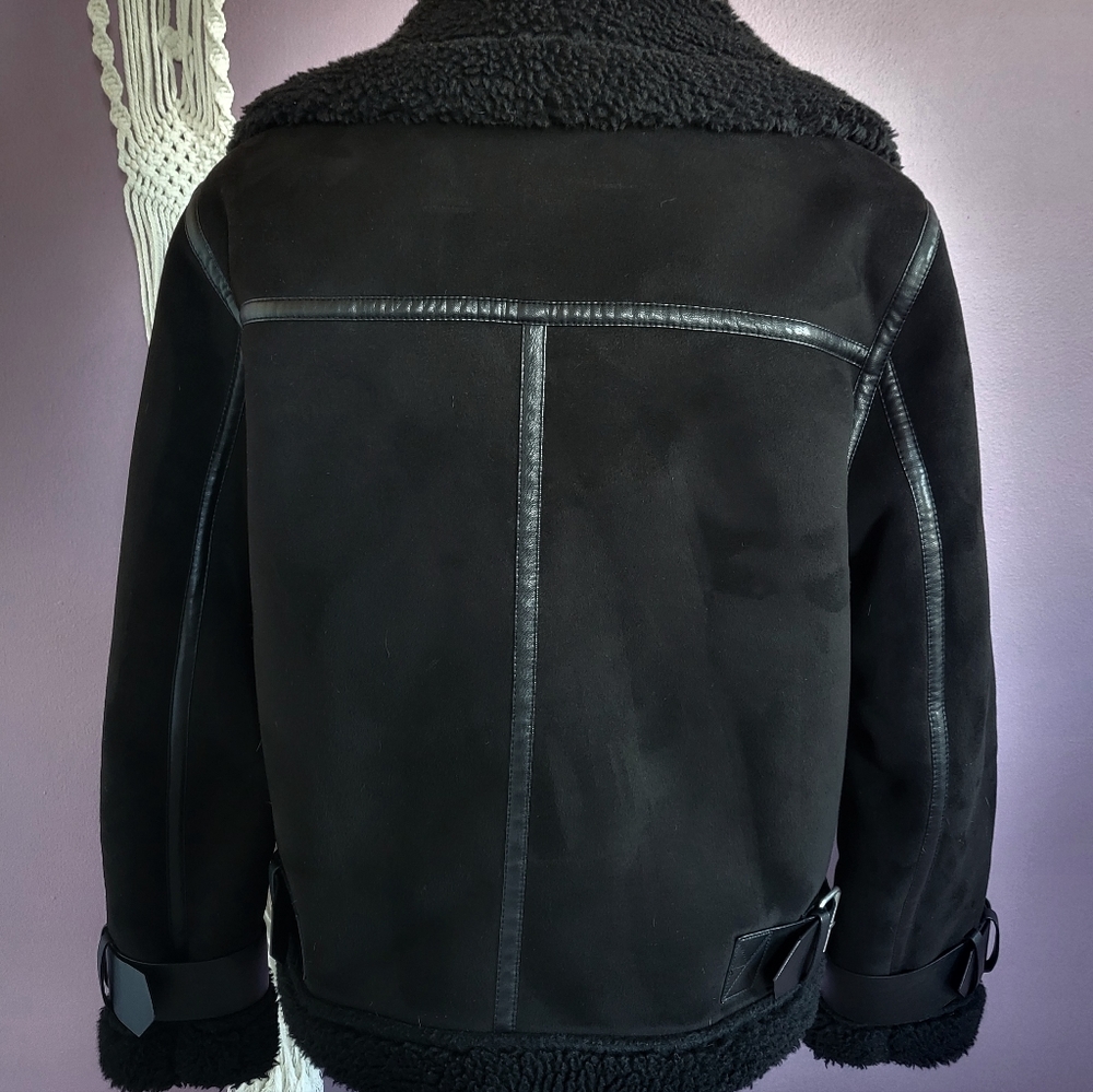 Zara Black Faux Suede Sherpa Lined Oversized Buckle Aviator Bomber Jacket Coat - Picture 5 of 14